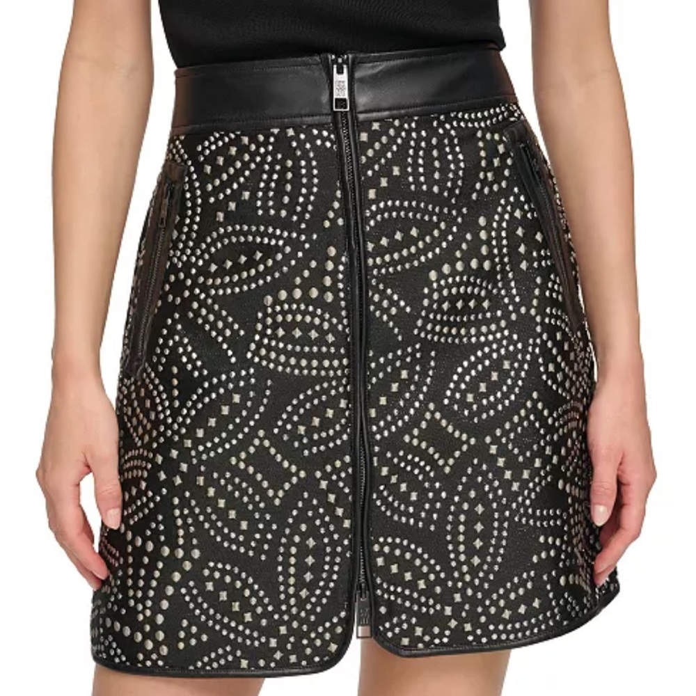 DKNY Women’s Plus Size Faux Silver Stud Embedded Front Zip Mini Skirt Black 16